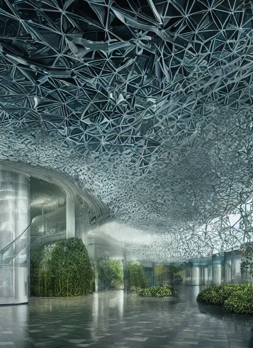 Image similar to a photo of a futuristic biomimicry oasis interior + the interior is elegant and made of a biomimicry nature with ornate patterns + photo taken on a misty morning + architectural photography, 8K, photorealistic