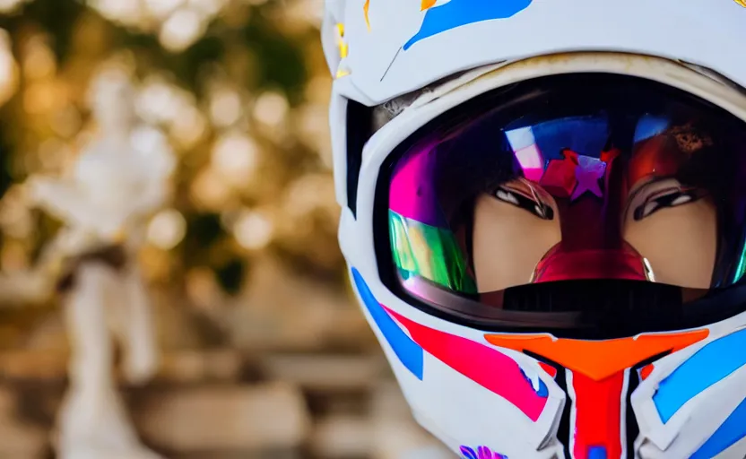 Image similar to beautifully lit extreme close up photo of a white marble statue of an anime girl with colorful motocross logos and motorcycle helmet with closed visor, colorful smoke in the background, carved marble statue, fine art, neon genesis evangelion, virgil abloh, offwhite, denoise, highly detailed, 8 k, hyperreal