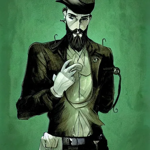 Image similar to very attractive man with beard, strong masculine features, slim, short hair, 35 years old, one android eye, sophisticated clothing with some steampunk elements, gesture dynamic, organic, appealing, book cover, deep shadows, by Dave McKean sketch lineart for character design