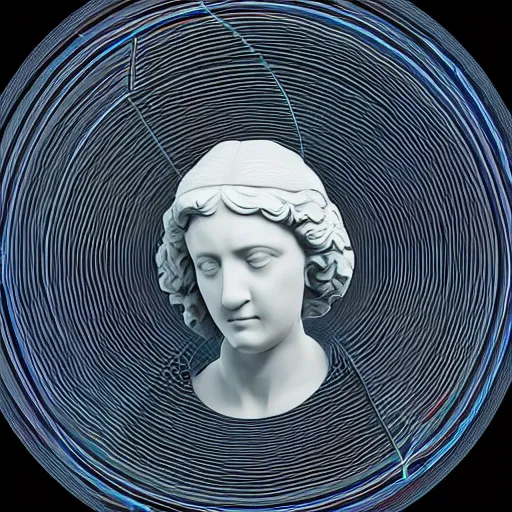 Image similar to a 3 d neon circle surrounding the head of a renaissance statue like a planetary ring, 3 d render, black background, ray tracing, 8 k resolution, sharp focus, very detailed, hyper realistic