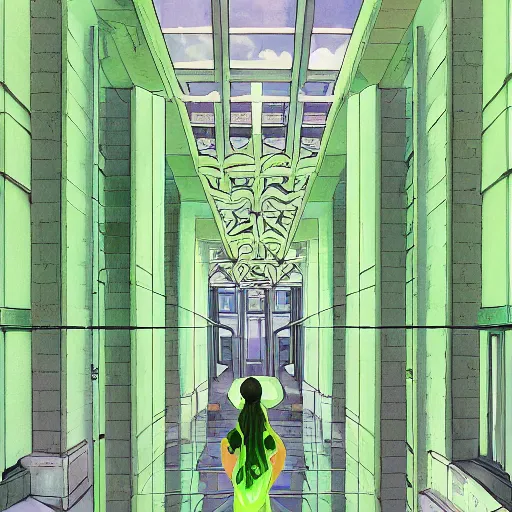 Image similar to a green slimegirl in a bright white hallway with many doors and many stairs, Mc Escher architecture, epic composition, by Makoto Shinkai