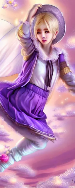 Image similar to Full View of a mysterious kpop fairy maidens with short blond hair wearing an oversized purple Beret, Baggy Purple overall shorts, Short Puffy pants made of silk, silk shoes, a big billowy scarf, Golden Ribbons, white leggings Covered in stars. Short Hair. peasant magic. masterpiece 4k digital illustration by Ruan Jia and Mandy Jurgens and Artgerm and william-adolphe bouguereau, award winning, Artstation, art nouveau aesthetic, Alphonse Mucha background, intricate details, realistic, panoramic view, Hyperdetailed, 8k resolution, intricate art nouveau, smooth, sharp focus