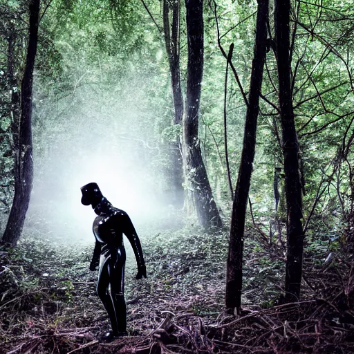 Prompt: national geographic photo, a man wearing a black shiny latex suit including pants and a shirt and mask crawling through dense jungle underbrush, night photo,