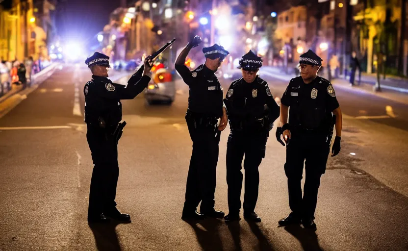 Image similar to photography of police in the night, smoking a very big joint, smiling, flash shot