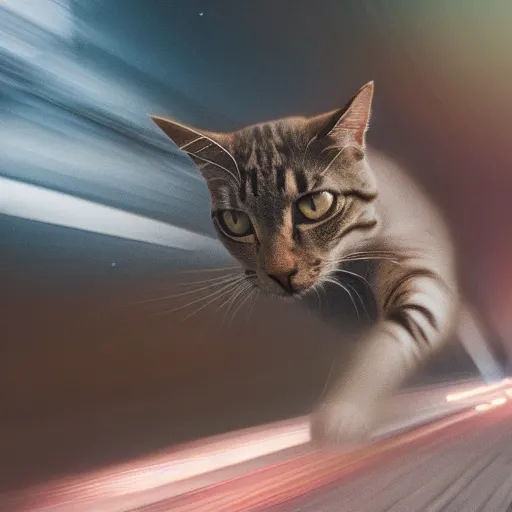 Image similar to photo of a fast blurry cat with motion blur, moving at the speed of light through outer space