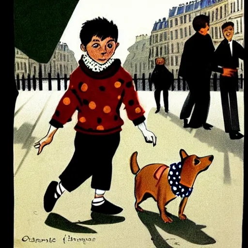 Image similar to a french boy on the streets of paris playing football against a corgi, the dog is wearing a polka dot scarf, book illustration, 1 9 6 6