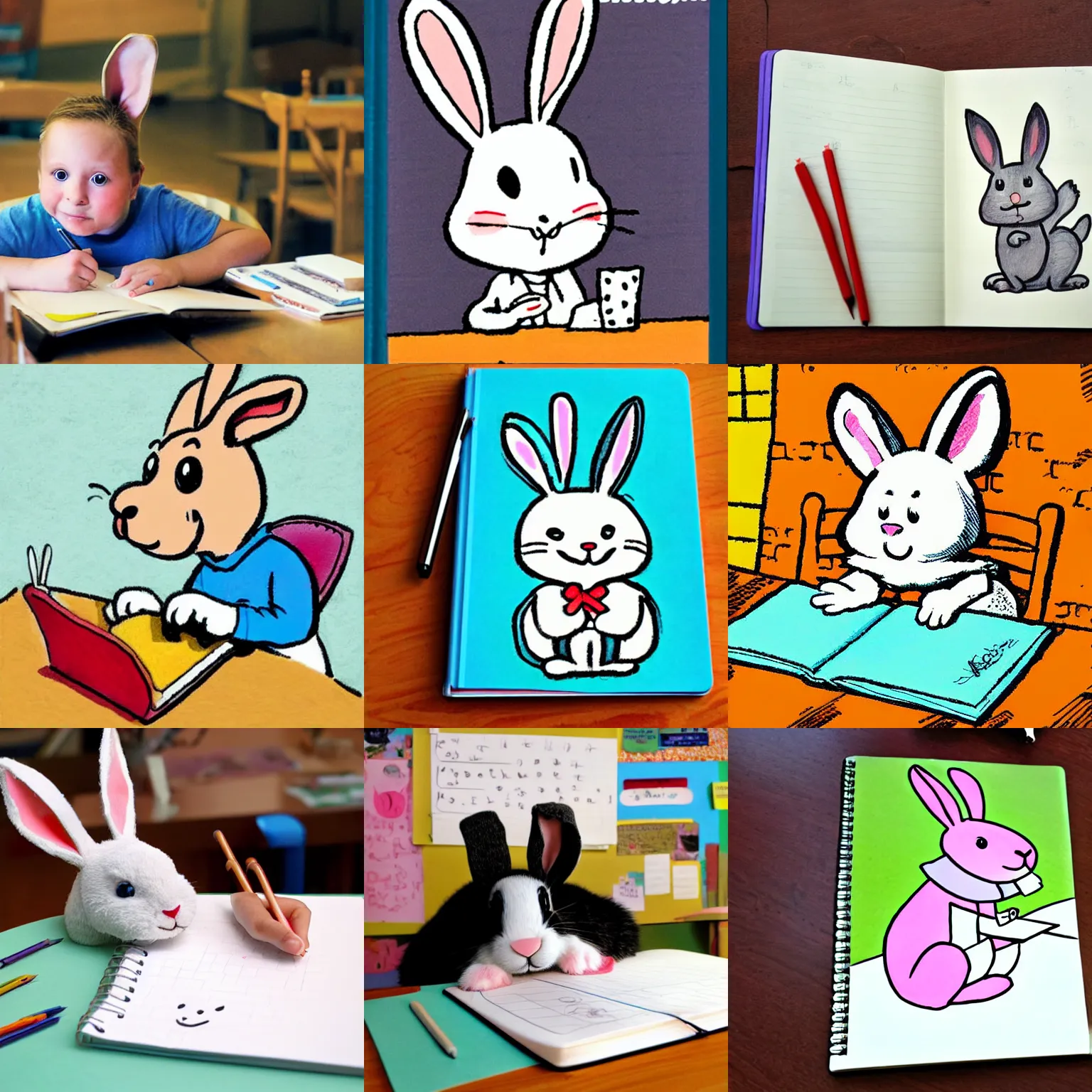 Prompt: a cute cartoon rabbit sitting at a table and writing on a notebook, Children's Book Illustration, Dav Pilkey