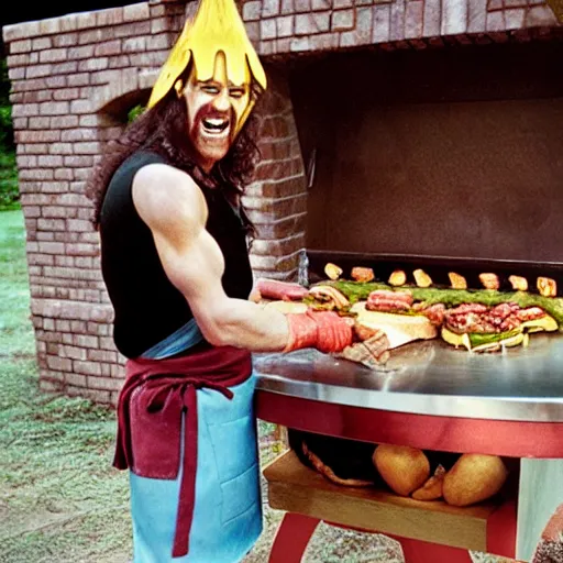 Image similar to candid photo of conan the barbarian flipping burger on a barbecue. he is wearing an apron with unicorn drawing, and a tutu. photo by annie leibovitz