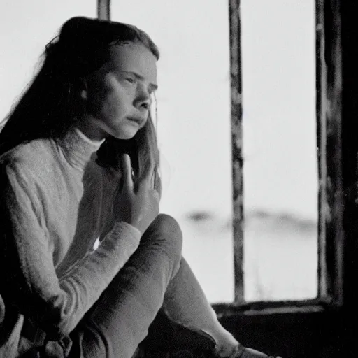 Prompt: film still of a young female dark features, decaying with the thought of her life ahead of her, despondent, waiting in search of some other place, moonlit night, cinematography by sven nykvist