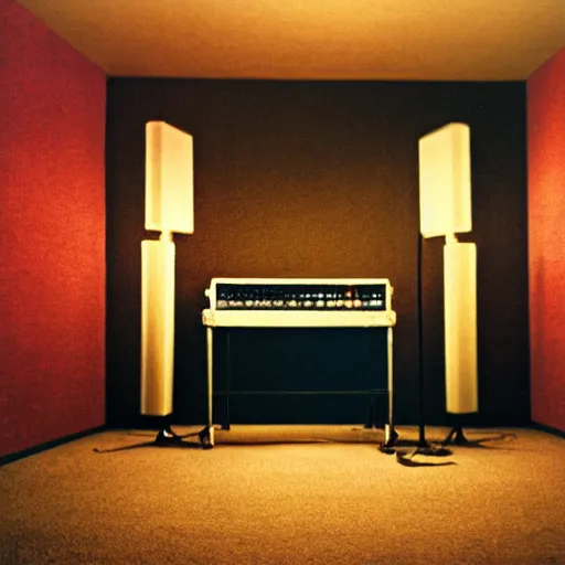 Prompt: dimly lit music studio, cigarette smoke haze, cinematic lighting, warm colors, shag carpet, 1970's