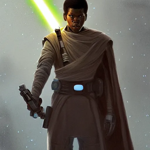 Image similar to scifi art by greg rutkowski, ben skywalker and a jedi that looks like john boyega, sparring with lightsabers at a jedi temple, star wars expanded universe, he is about 3 0 years old, highly detailed portrait, digital painting, artstation, concept art, smooth, sharp foccus ilustration, artstation hq