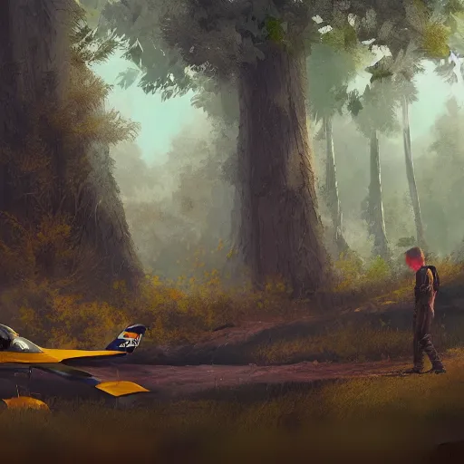 Prompt: young pilot :: crashed plane :: forest :: digital painting, very detailed, cinematic shot, artstation