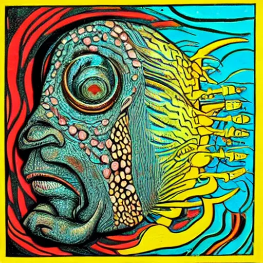 Image similar to man with a fish head, psychedelic art, esoteric, optical illusion