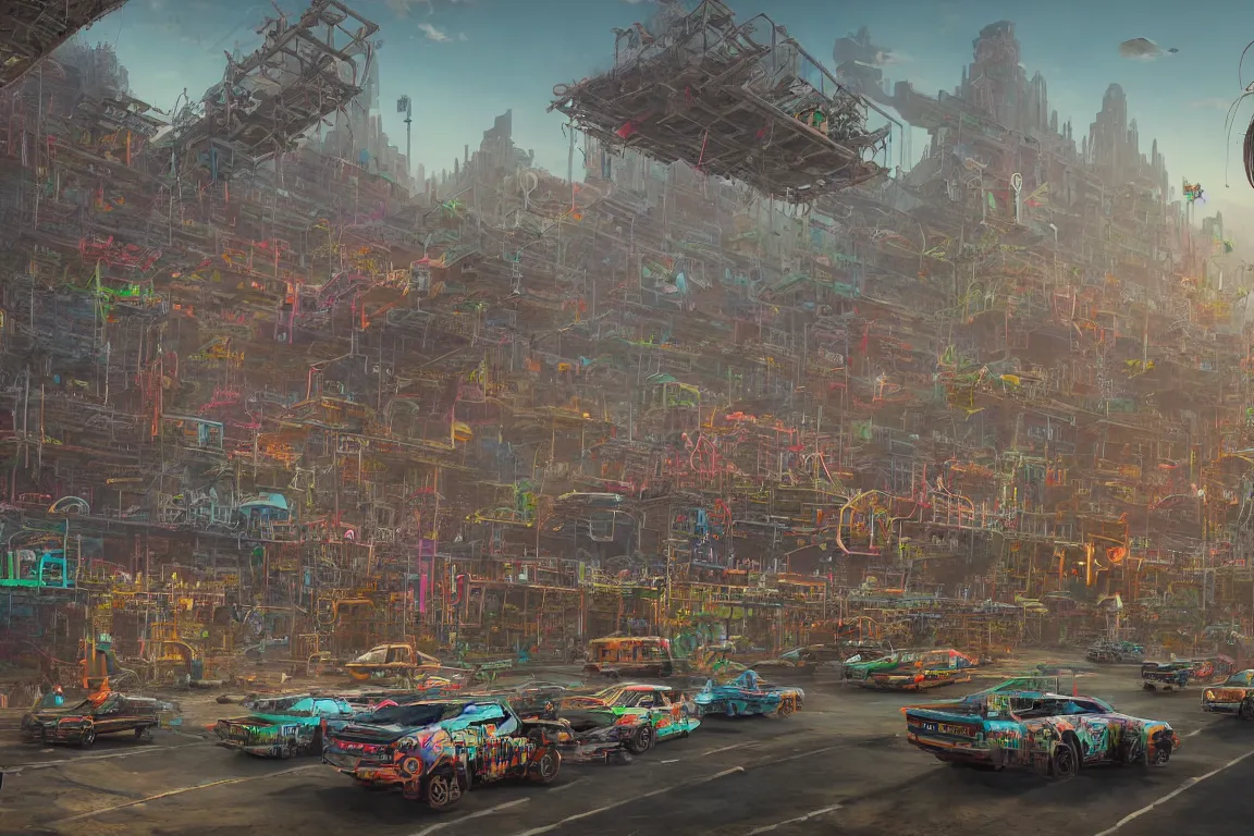 Image similar to hyperrealistic matte painting of aztec temples in a future environment with flying cars, mechanical features and neon, graffiti, scaffolding, smog, destruction by filip hodas, beeple, 4 k, trending on cgsociety