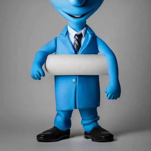 Image similar to professional portrait of an anthropomorphic cute blue clay man wearing a suit in an office, 8k, dslr, cinematic,