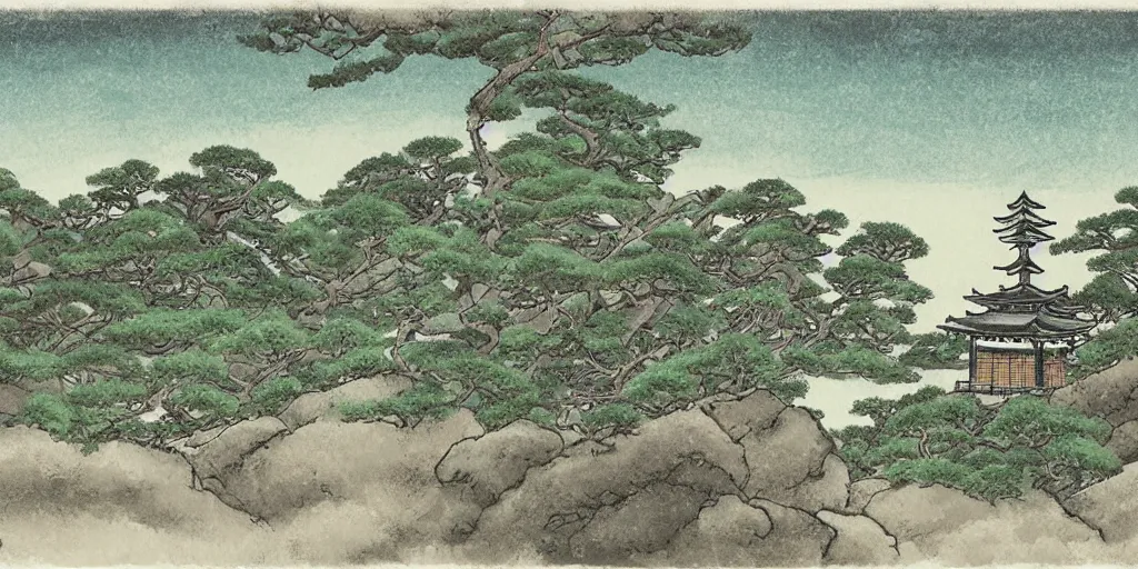 Image similar to japanese landscape with pagoda, trees and rocks, detailed, in the style of studio ghibli