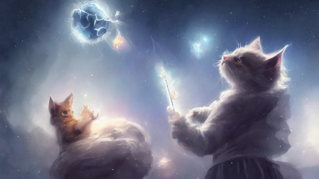 Image similar to a single cartoonish kitten dressed as Gandalf floating in space, center focus, center spotlight, bright stars, anime, a fantasy digital painting by Greg Rutkowski and James Gurney, trending on Artstation, highly detailed