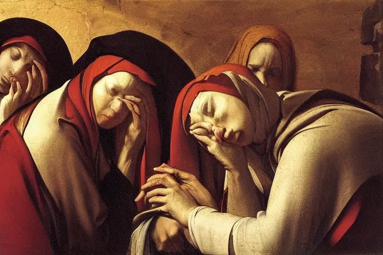 Prompt: 3 women mourning at the tomb of christ, caravaggio, rubens