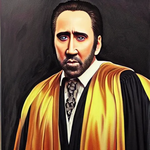 Prompt: gorgeous painting of nicolas cage wearing robes, as professor of dark arts in hogwarts, oil on canvas, ultra detailed