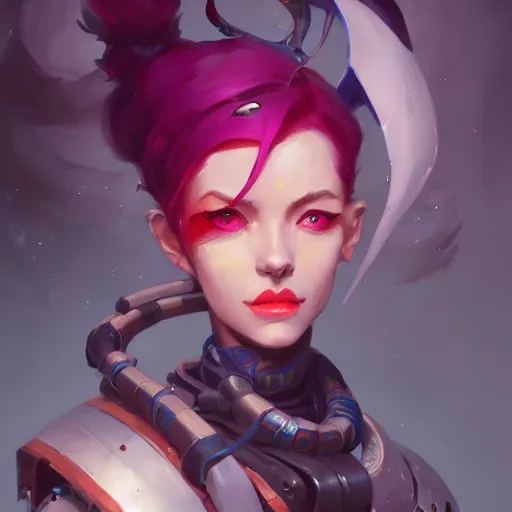 Image similar to portrait of jinx from arcane, art by pete mohrbacher and guweiz and ilya kuvshinov, digital art, highly detailed, intricate, sci - fi, sharp focus, trending on artstation hq, deviantart, unreal engine 5, 4 k uhd image