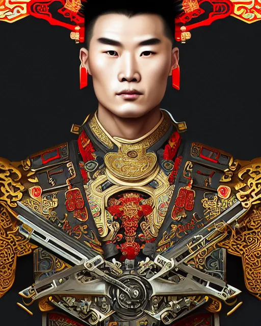 Image similar to portrait of a chinese masculine male cyberpunk machine, machine face, upper half portrait, decorated with chinese opera motifs, muscular, asian, fine china, wuxia, traditional chinese art intricate intense elegant 京 剧 highly detailed symmetry headpiece digital painting artstation concept art smooth sharp focus illustration, art by artgerm and greg rutkowski alphonse mucha 8 k