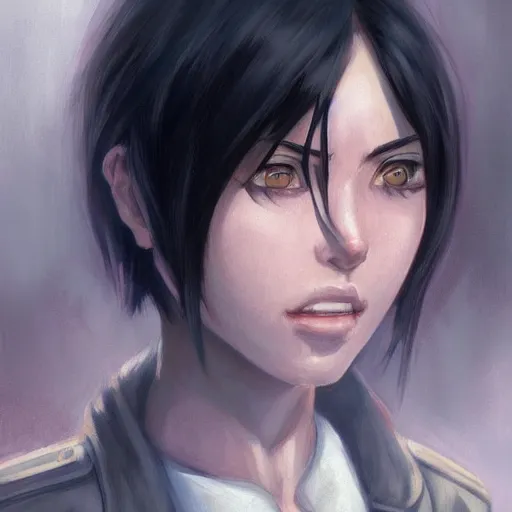 Prompt: Portrait of Mikasa ackerman from Attack on Titan by Mandy Jurgens