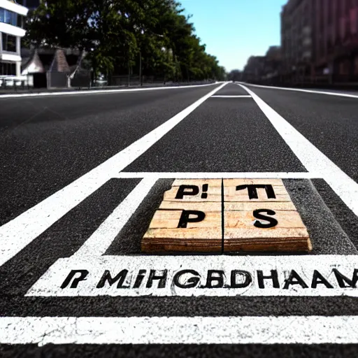 Image similar to Photorealistic photo of pits on the pavement, each pit contains a wooden sign with an inscription, smartphone photo, photo in the center of the road, realism, high quality, sunlight, 4k, beautiful, modern photography, color image