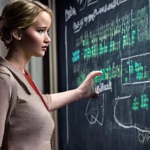 Image similar to the first still from the professor, directed by christopher nolan, shows jennifer lawrence at a chalkboard explaining data pipelines 4 k