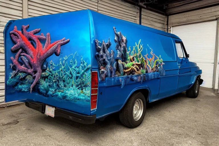 Image similar to a wide shot photo of a dark blue metallic 1 9 7 2 chevy g 1 0 panel van parked in a garage with an awesome airbrushed scene of a monster made of colorful coral reef emerging from the sea, 8 0 s synthwave, airbrushed, trapper keeper, lightning, explosions, creature design, monster, dinosaur, sony 2 4 mm f 8. 0