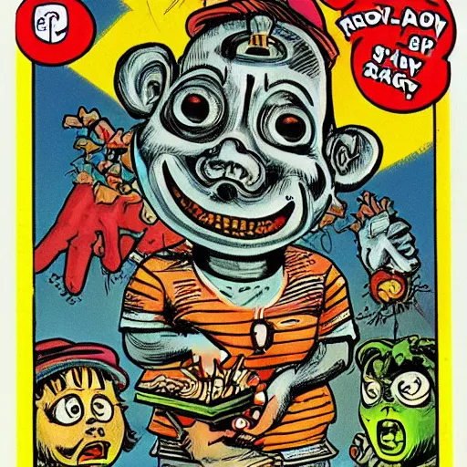 Prompt: a Garbage Pail Kids card Scary Larry Art Spiegelman art