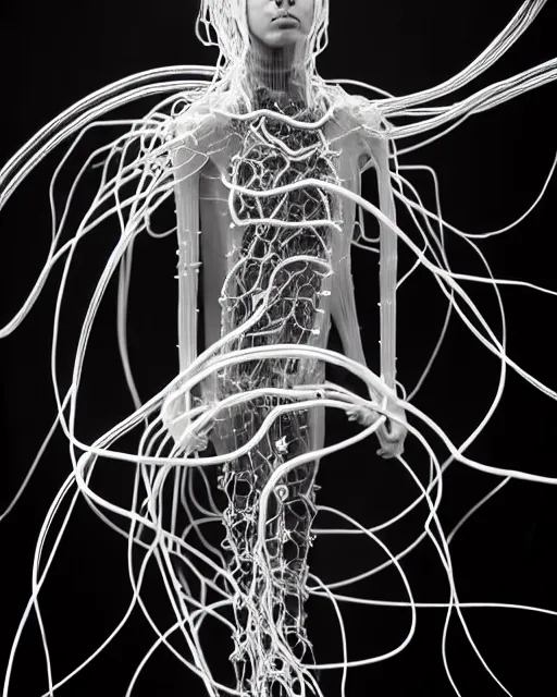 Image similar to black and white young cyborg-human-jellyfish-plant goddess high quality photo, microchip, artificial intelligence, bio-mechanical bio-luminescence, black wired cables, neurons, nerve cells, octane render, cinematic, rim light, hyper realism, photo-realistic, high detail, 8k, masterpiece, high fashion, in the style of H.G. Giger