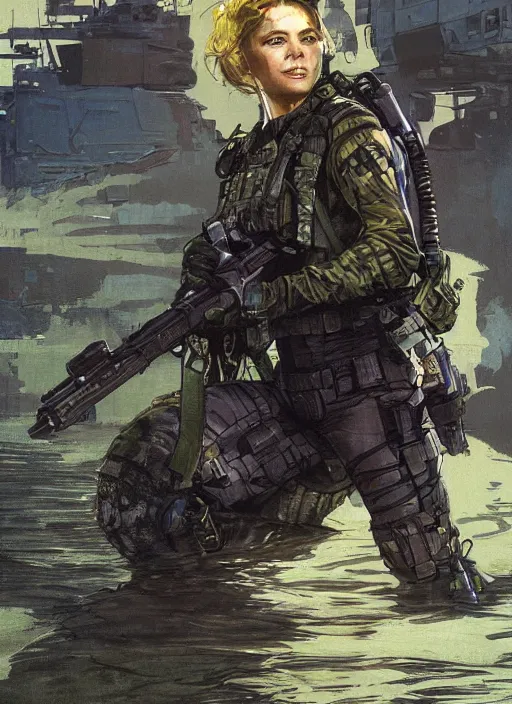 Prompt: Sonya. USN blackops operator emerging from water at the shoreline. Agent wearing Futuristic stealth suit and looking at an abandoned shipyard. rb6s, MGS, and splinter cell Concept art by James Gurney, Alphonso Mucha. Vivid color scheme.