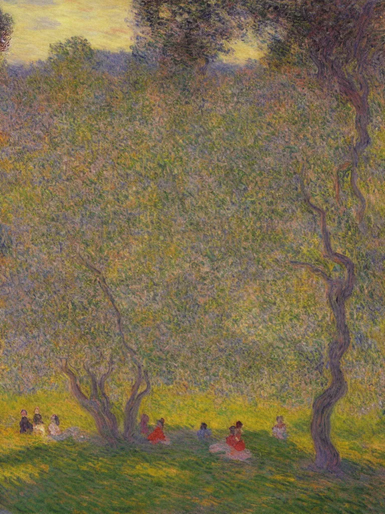 Prompt: gauzy impressionist painting of my backyard with an old apple tree with people! dancing at sunset, reddish light long shadows, color oil painting by claude monet and piet mondrian, cosmic trending on artstation 8 k