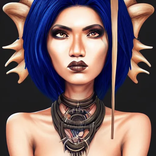 Image similar to illustrated realistic portrait of ram-horned devil woman with blue bob hairstyle and her tan colored skin and with solid black eyes wearing leather by rossdraws