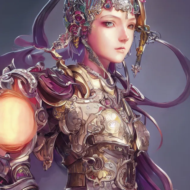 Image similar to studio portrait of lawful good colorful female holy mech paladin as absurdly beautiful, elegant, young sensual anime girl, ultrafine hyperrealistic detailed face illustration by kim jung gi, irakli nadar, intricate linework, sharp focus, bright colors, matte, octopath traveler, final fantasy, unreal engine highly rendered, global illumination, radiant light, intricate environment