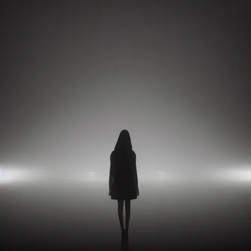 Image similar to dim lights shining through dark fog, emptiness, silhouette of a girl standing small, skirt, spooky found footage, dramatic contrast, vast empty hall, trending on artstation