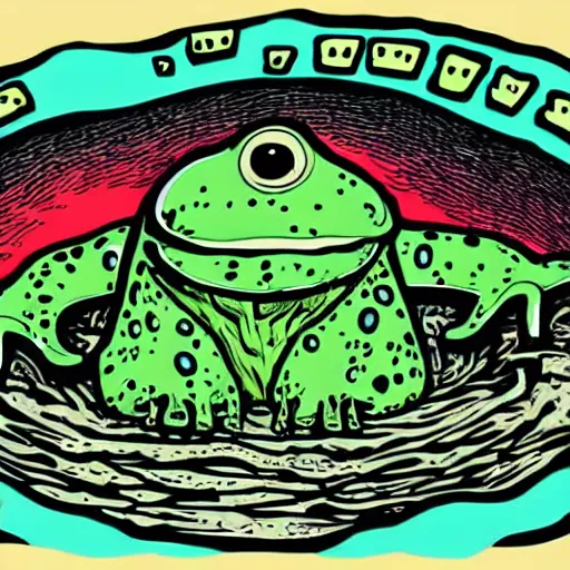 Prompt: Pop-Wonder-NFT alien-meat swamp-bog monster-frog wading through the goopy-muck and slithering about the castle side delights on a melted cheesy day in a hand-drawn vector, svg, cult-classic-comic-style