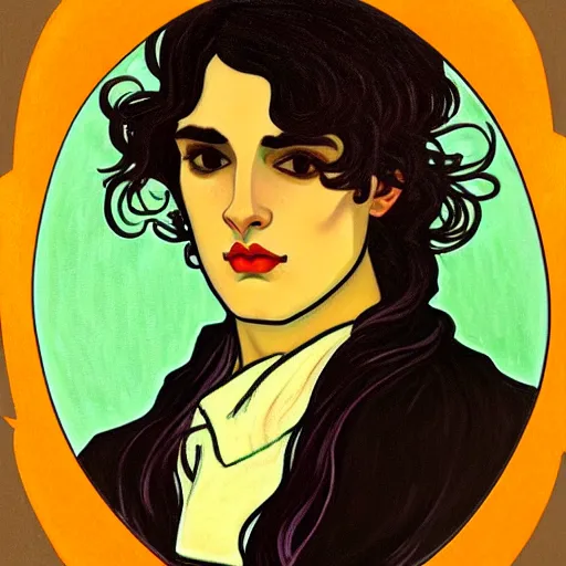 Image similar to painting of young cute handsome beautiful dark medium wavy hair man in his 2 0 s named shadow taehyung at the halloween pumpkin matcha party, straight nose, depressed, melancholy, autumn, elegant, clear, painting, stylized, delicate, soft facial features, delicate facial features, soft art, art by alphonse mucha, vincent van gogh, egon schiele