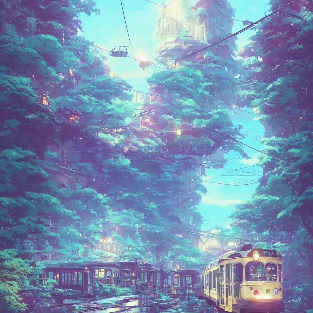 Prompt: a streetcar is running on the chromatic sea composed of colorful pearls and shells, unreal engine, fantasy art by greg, loish, rhads, ferdinand knab, makoto shinkai and lois van baarle, ilya kuvshinov, rossdraws, tom bagshaw, radiant light, trending onstudio ghibli, highly detailed, octane render, 8 k