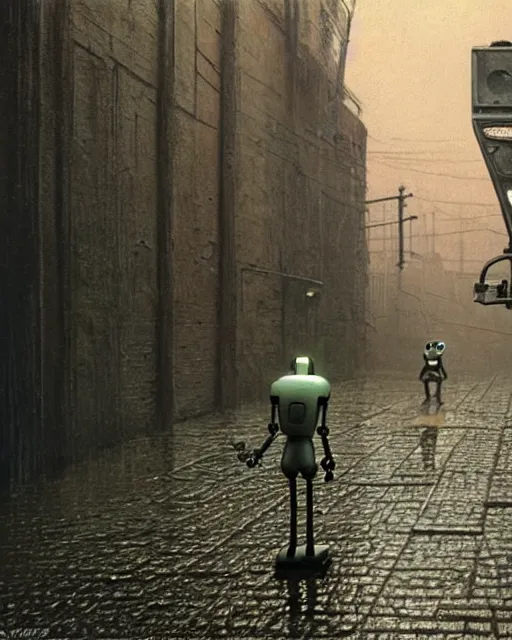 Image similar to robbie the robot walking through a wet alley, retrofuturism sci - fi old movie, highly detailed, photorealistic, 8 k, by beksinski and stalenhag