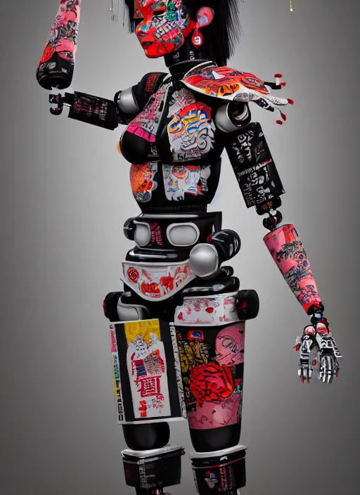 Image similar to full body photo of a punk geisha robot with kanji tattoos and decals wearing a digital pixelated kimono, intricate design, photo - realistic, octane render, ultra fine detailed, character design, trending on artstation