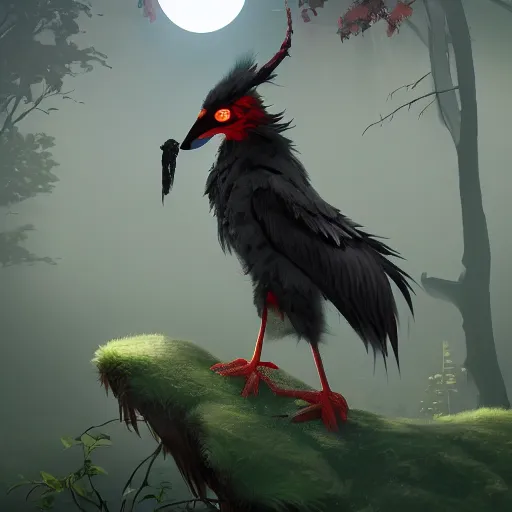 Prompt: Tengu in the forest at night with light of the moon in the background, Octane Render, concept art, 8k, Trending on Artstation, dark colors