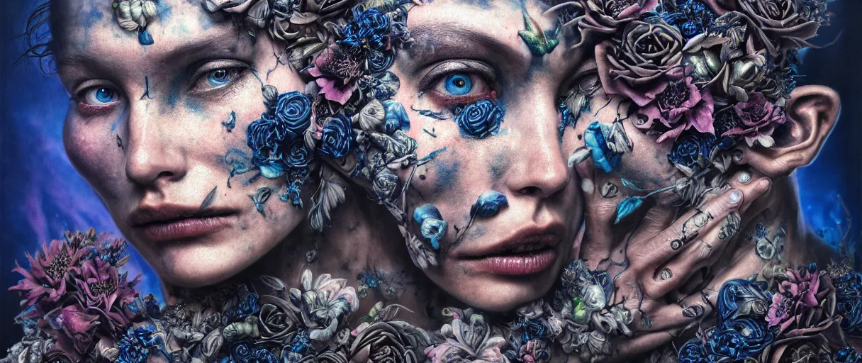 Image similar to hyperrealistic hyper detailed neo-surreal close-up 35mm portrait of cyborg covered in rococo black flower tattoos matte painting concept art hannah yata very dramatic dark blue lighting low angle hd 8k sharp shallow depth of field