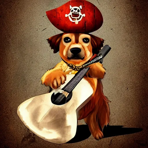 Image similar to dog as a pirate playing on guitar, digital art, artstation, high detalied,