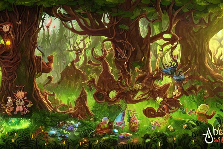 Image similar to a party of adventurers traveling through the dark and dangerous magical forest where hidden dangers and creatures hide behind every tree