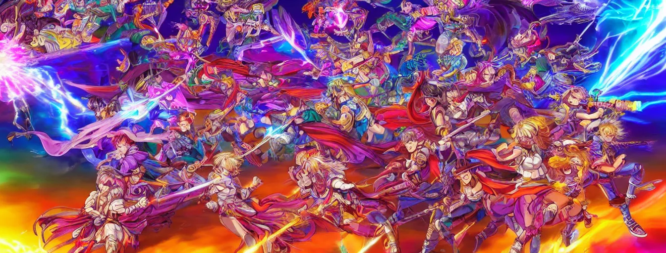 Prompt: super intensely colorful rainbow souls fighting on a battlefield with spirit power flying around. hyperrealistic anime background illustration by kim jung gi, colorful, extremely detailed intricate linework, smooth, super sharp focus, bright colors, high contrast, matte, octopath traveler, unreal engine 5 highly rendered, global illumination, radiant light