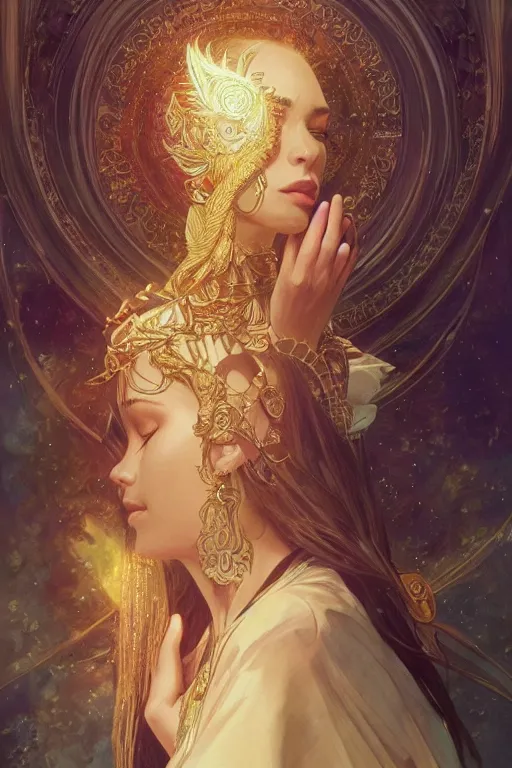 Image similar to ultra realistic illustration, a stunningly beautiful shaman girl praying, intricate, elegant, highly detailed, digital painting, artstation, concept art, smooth, sharp focus, illustration, art by artgerm and greg rutkowski and alphonse mucha