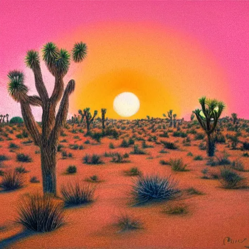 Image similar to A giant nose in a desert with many joshua trees and a red sun in the sky. Pastel.