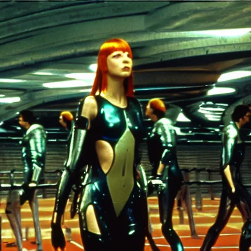 Image similar to The matrix, LeeLoo, Starship Troopers, Sprinters in a race, The Olympics footage with crowd cheering, intense moment, cinematic stillframe, french new wave, The fifth element, vintage robotics, formula 1