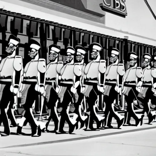 Image similar to a line of soldiers marching into kfc in a single file line, in the style of a 1940's cartoon.